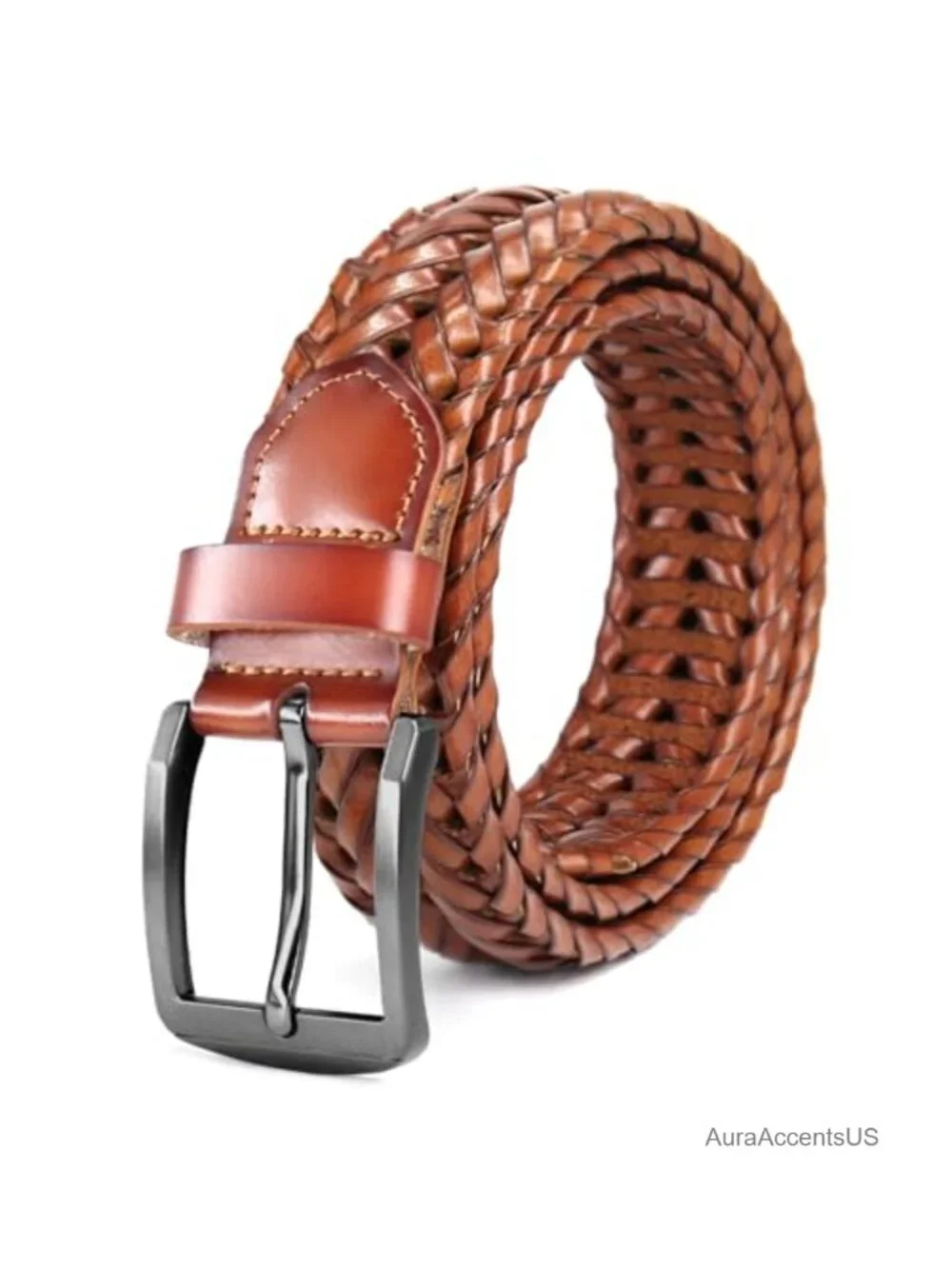 Men's Braided Leather Belt, Fully Adjustable Casual Woven Belt with Metal Buckle